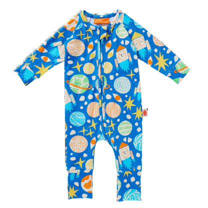 Children's onesie with space-themed print on a white background