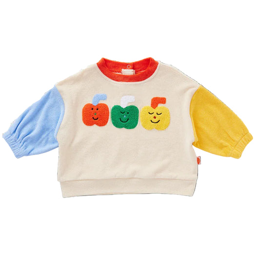 Children's sweatshirt with colorful smiley face designs on a white background