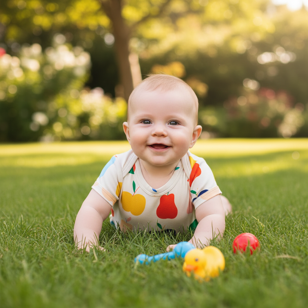 A baby short-sleeve bodysuit in cream with a colorful print of stylized apples and pears in yellow, orange, blue, green, and pink, shown flat on a white background.