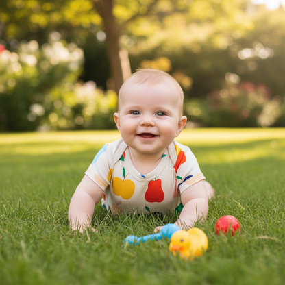 A baby short-sleeve bodysuit in cream with a colorful print of stylized apples and pears in yellow, orange, blue, green, and pink, shown flat on a white background.