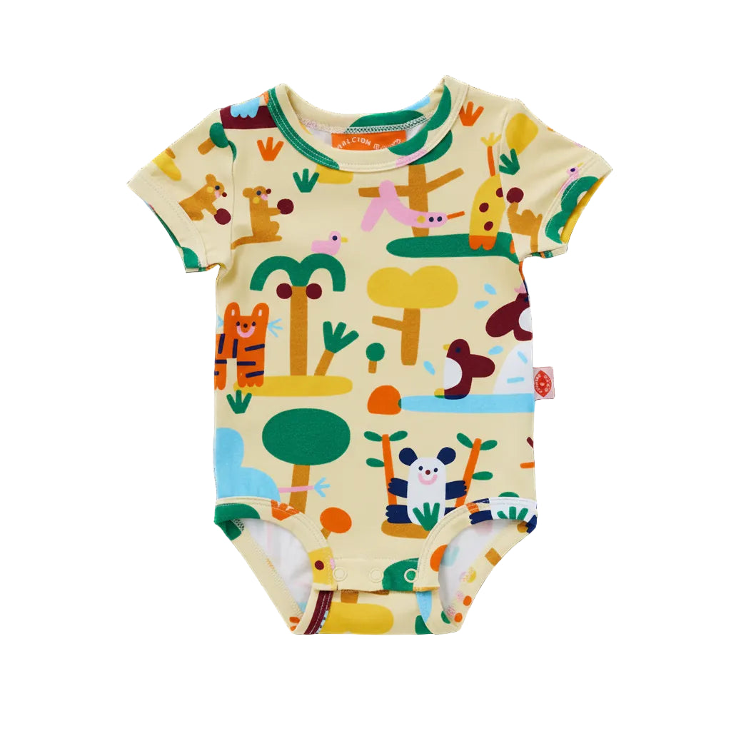 A short-sleeve baby bodysuit with a colorful cartoon animal and landscape print on a cream-colored background, shown flat against a white background.