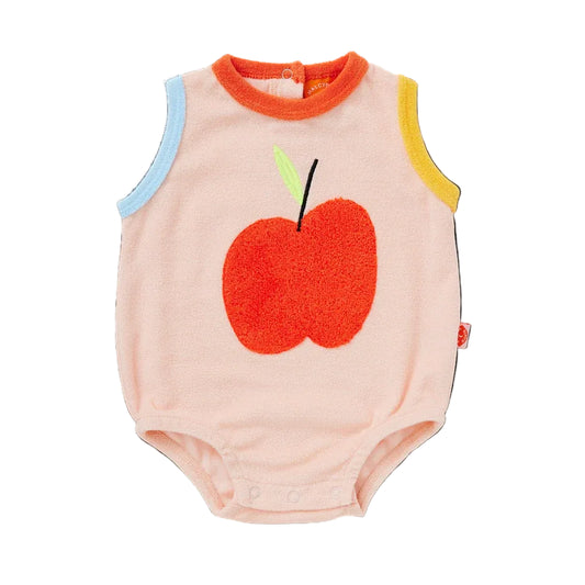 A baby sleeveless bodysuit in pale pink, featuring a large red textured apple applique on the front with a green leaf and stem, and contrasting trim in light blue, orange, and yellow.