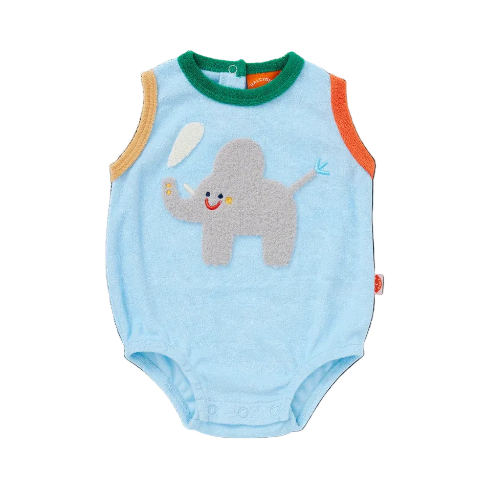 A light blue baby bodysuit featuring a gray elephant applique on the front, with a green collar, orange side panels, and a beige sleeve detail, shown on a white background.
