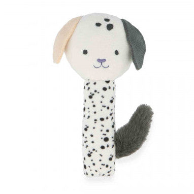 Dog-shaped rattle toy on a white background