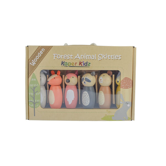 Kaper Kidz Forest Animal Skittles wooden toy set in packaging on a white background