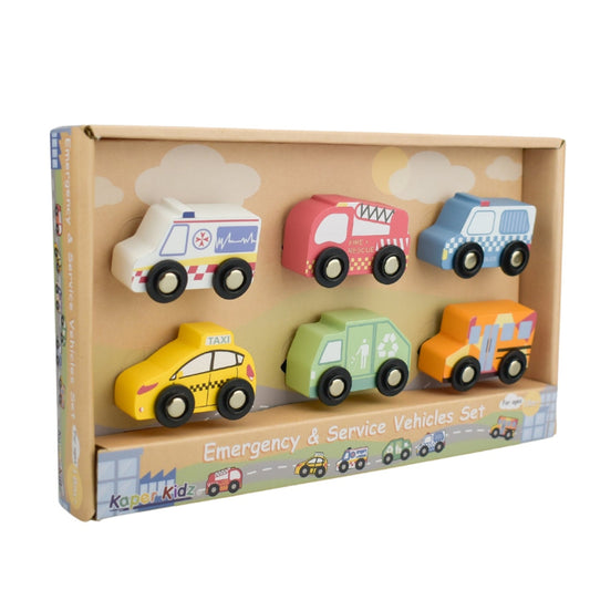 Set of toy emergency and service vehicles in packaging on a white background

