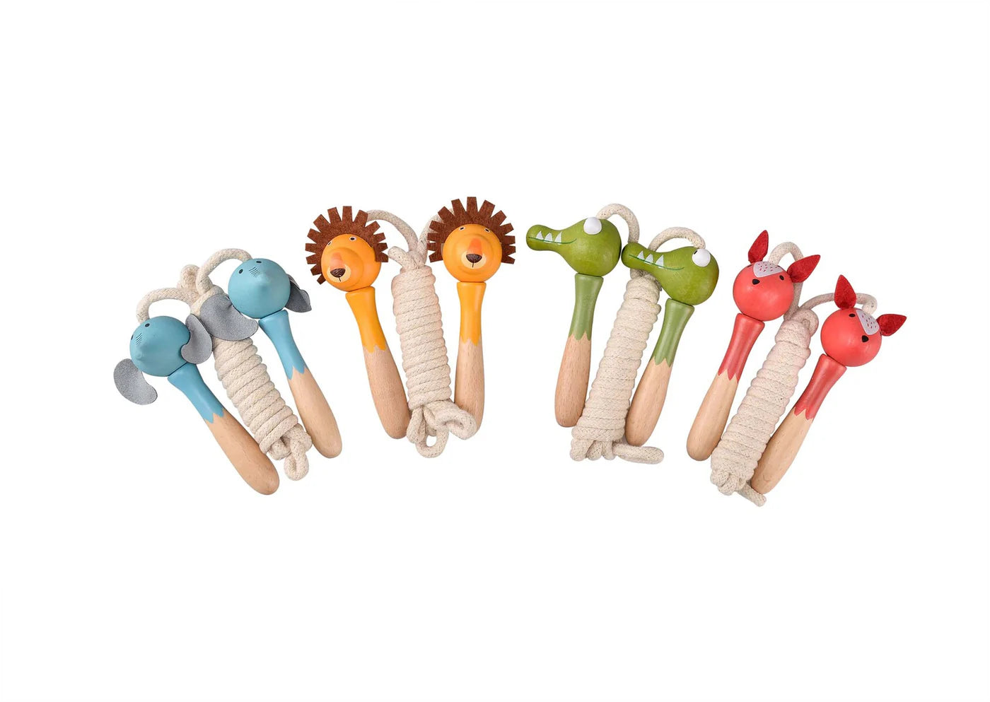 Set of colorful animal-themed teething rings on a white background
