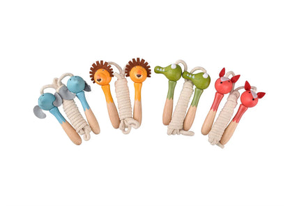 Set of colorful animal-themed teething rings on a white background