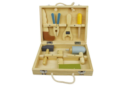 Wooden tool set in an open case on a white background