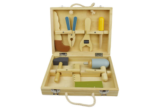 Wooden tool set in an open case on a white background