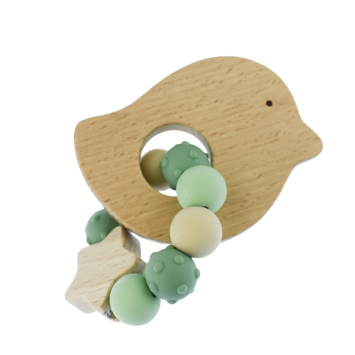 Wooden teething ring with green beads shaped like a bird on a white background