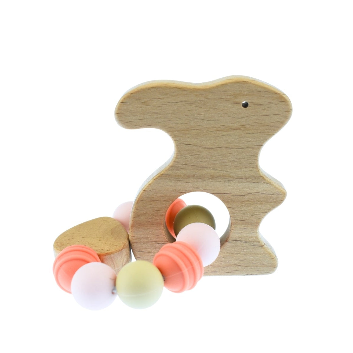 Wooden bunny-shaped teether with colorful beads on a white background