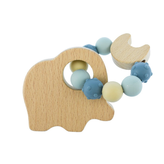 Wooden elephant-shaped teether with colorful beads on a white background