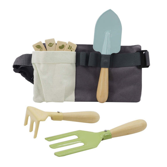 Gardening tool set with trowel, rake, and cultivator on a white background

