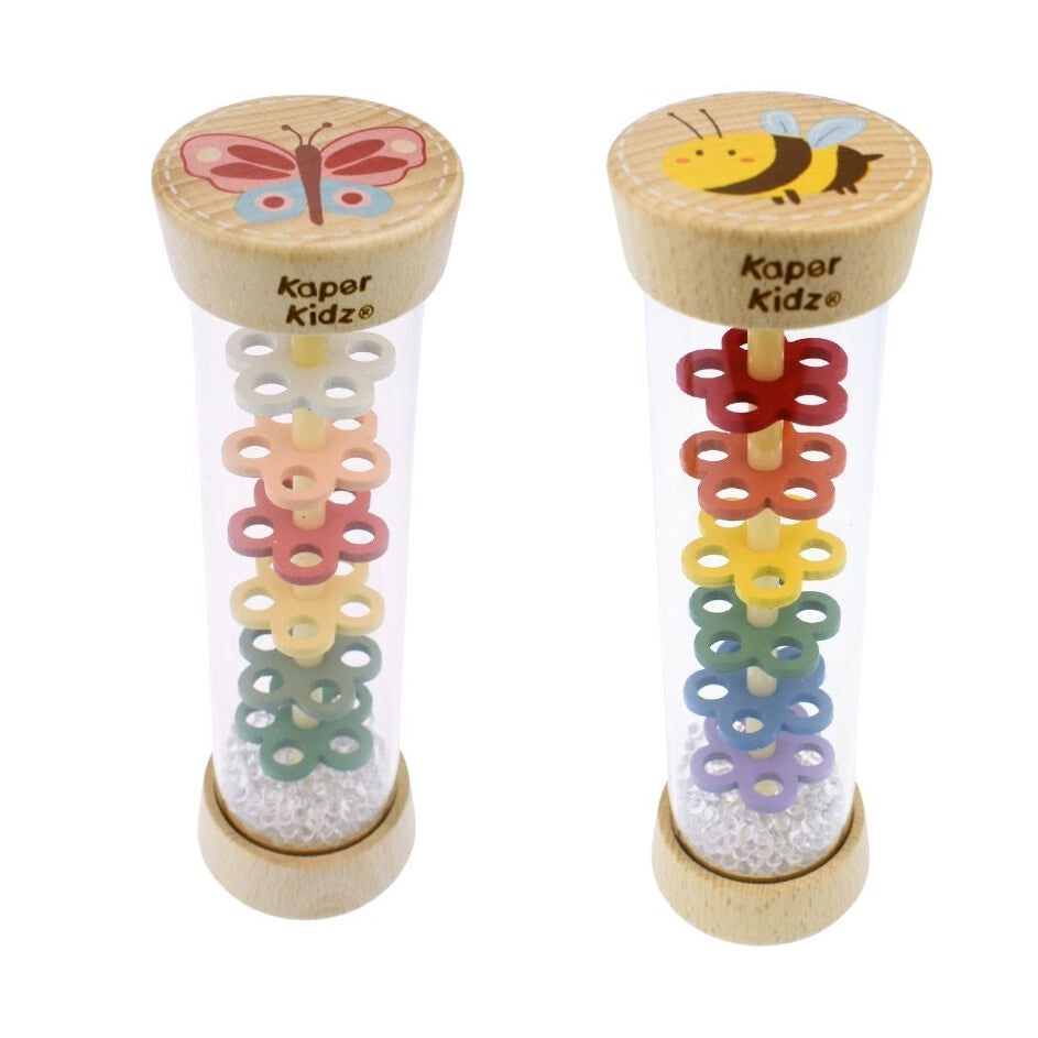Two wooden toys with colorful beads inside on a white background