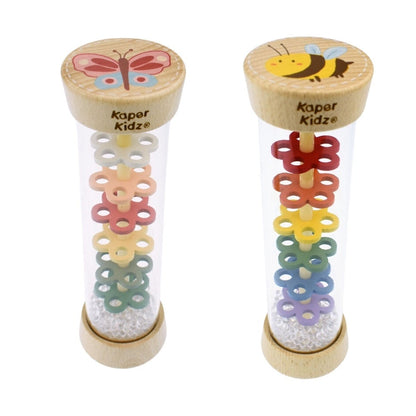 Two wooden toys with colorful beads inside on a white background