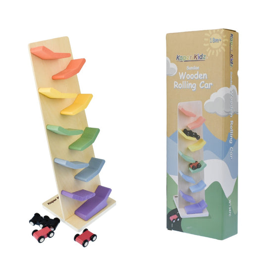 Colorful wooden rolling car toy with packaging on a white background

