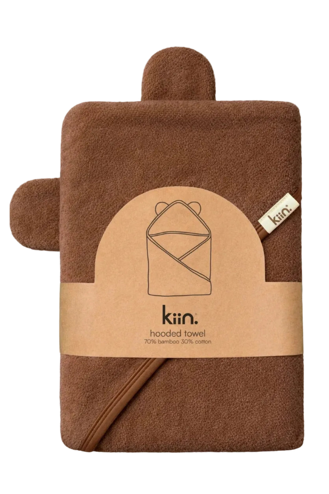 Brown hooded towel with packaging on a beige background