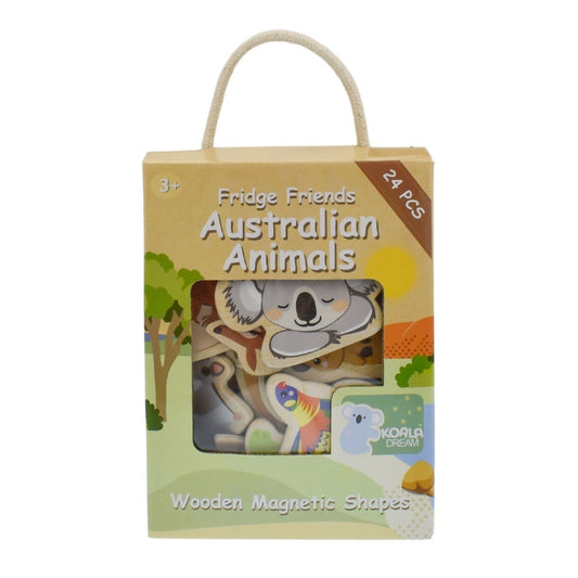 Box of 'Fridge Friends Australian Animals' wooden magnetic shapes on a white background

