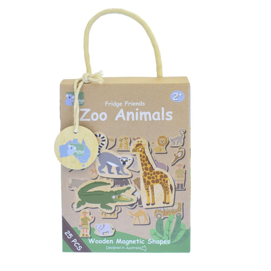 Packaging of wooden magnetic shapes with zoo animal illustrations on a white background