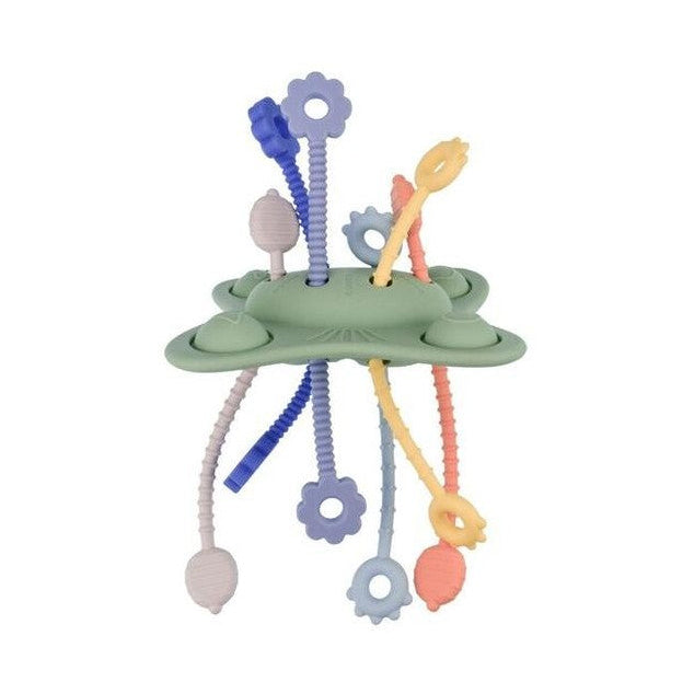 Colorful baby teething toy with hanging elements on a white background
