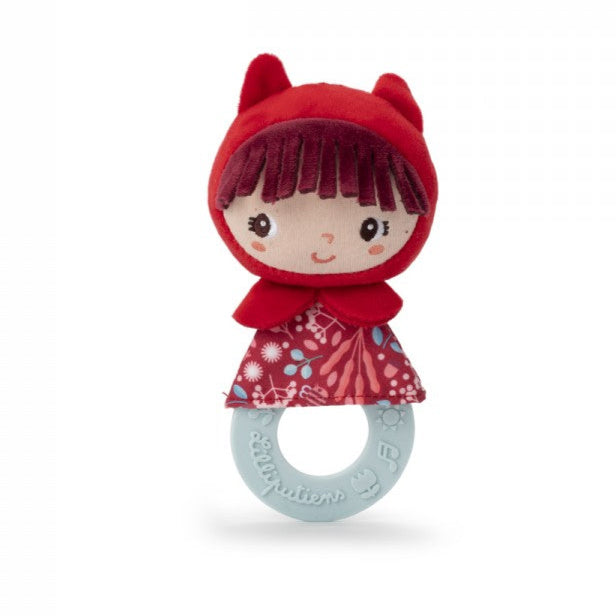 Plush teething ring with a red hood and face on a white background
