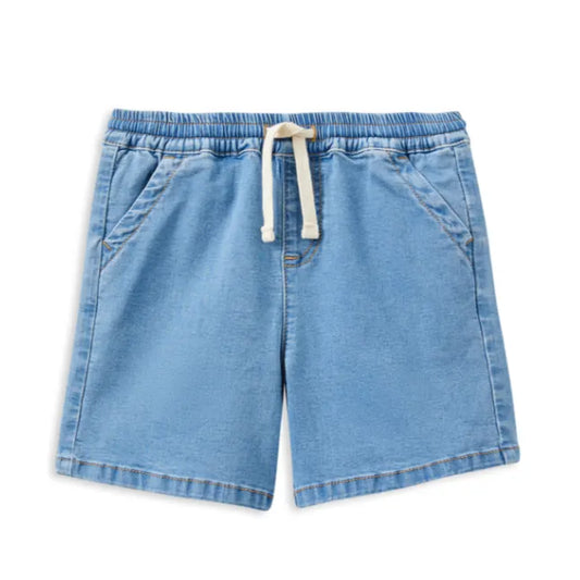 Blue denim shorts with a drawstring on a white background