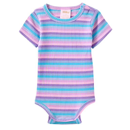 Striped baby bodysuit with purple and blue pattern on a white background