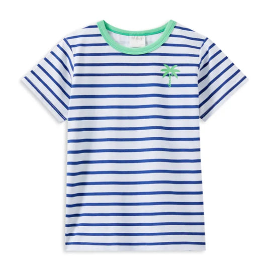 Blue and white striped t-shirt with a green logo on a white background