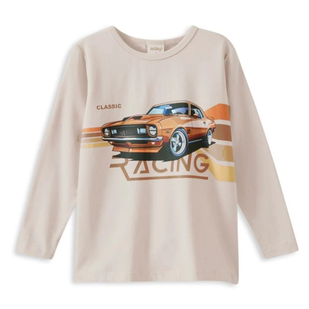 Beige long-sleeve shirt with a graphic of a classic car and 'Racing' text on a white background