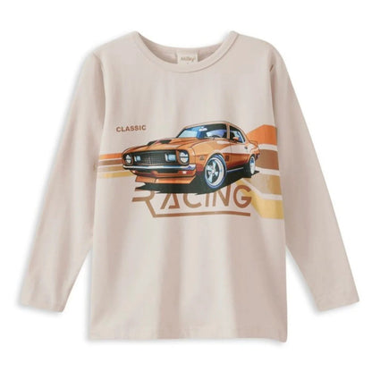 Beige long-sleeve shirt with a graphic of a classic car and 'Racing' text on a white background