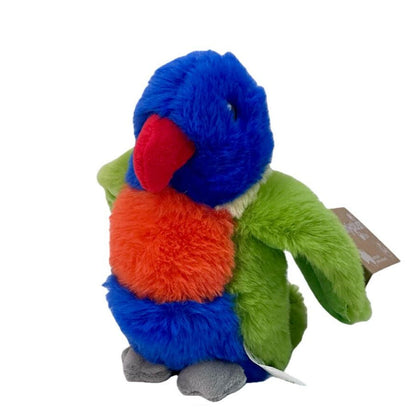 Colorful plush parrot toy with a tag on a white background