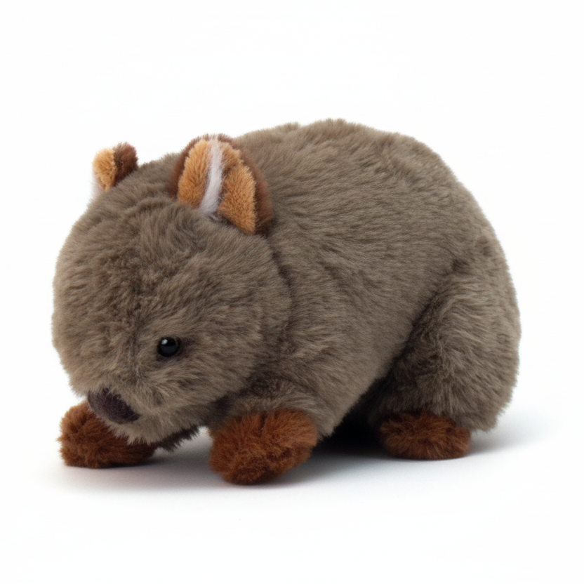 Plush toy wombat with a tag on a white background
