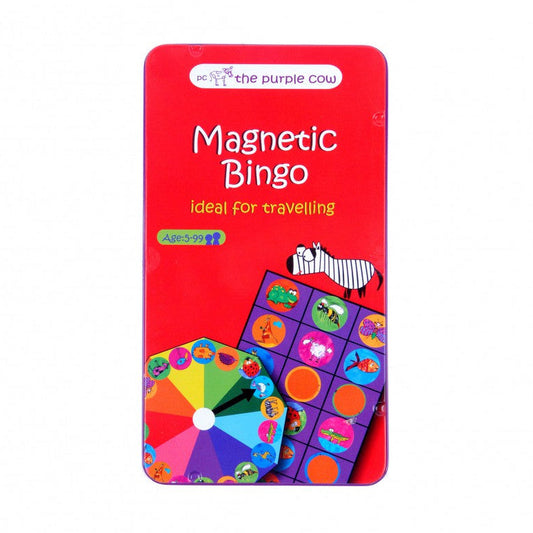 Red packaging of magnetic bingo game with colorful design on a white background