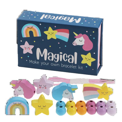 Make your own bracelet kit with colorful components and 'Magical' packaging on a white background