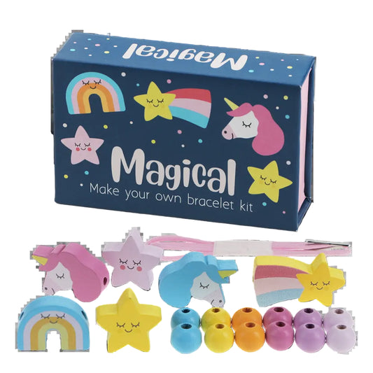 Make your own bracelet kit with colorful components and 'Magical' packaging on a white background