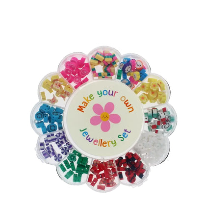 Make your own jewelry set with colorful beads and tools on a white background