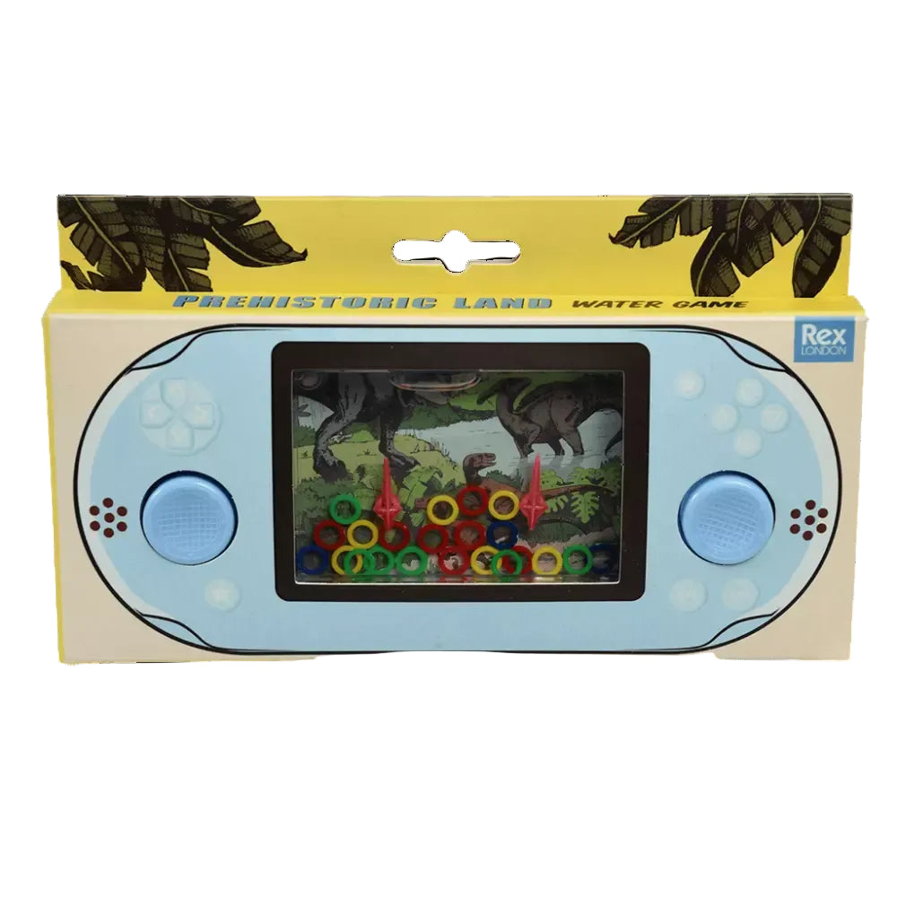 Handheld electronic game with dinosaur graphics on a yellow and beige box