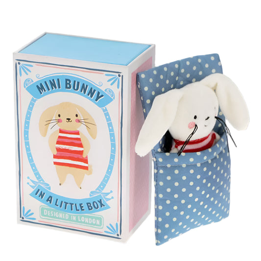 Plush bunny in a polka dot box with packaging labeled 'Mini Bunny in a Little Box'.

