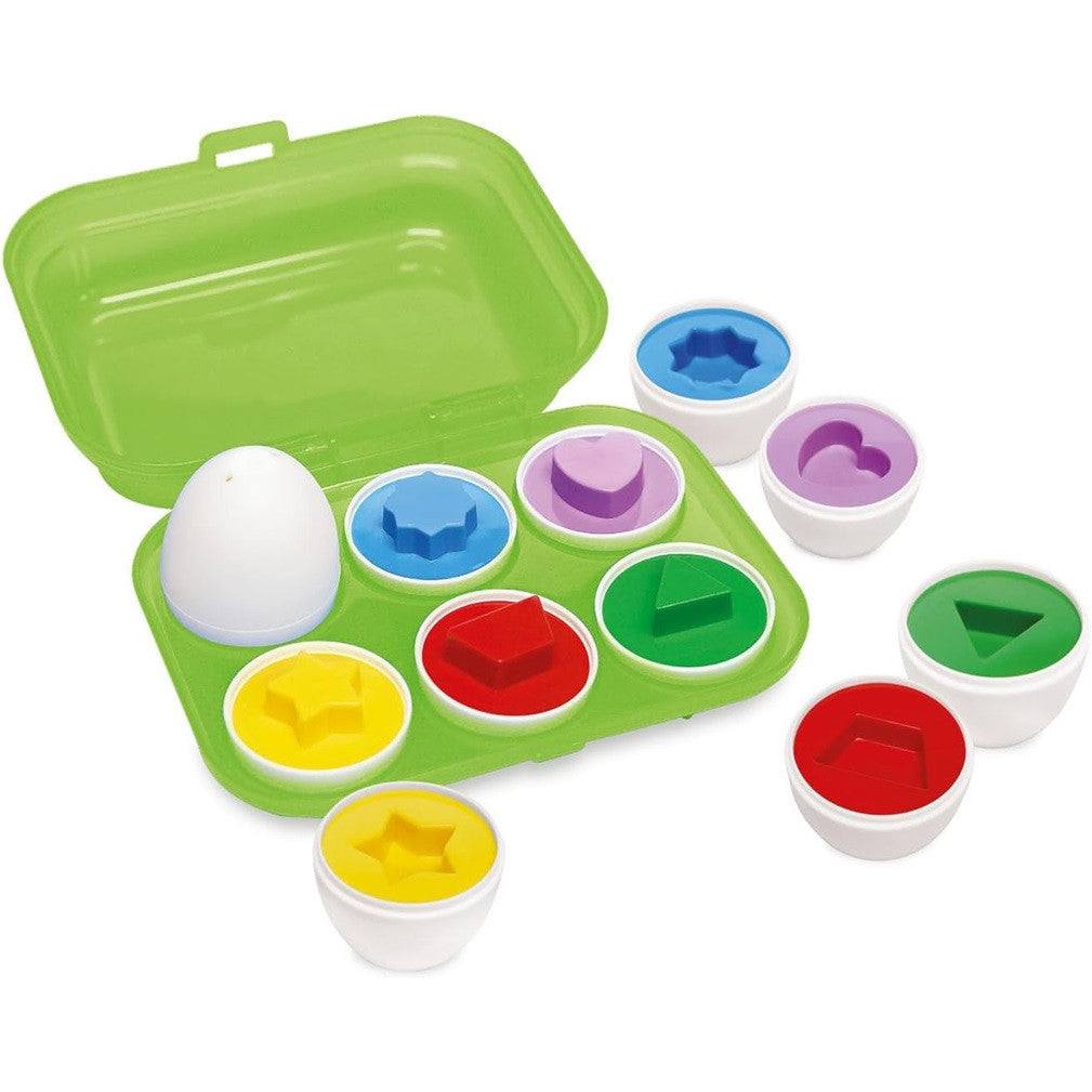 Colorful shape sorting toy set with a green carrying case on a white background