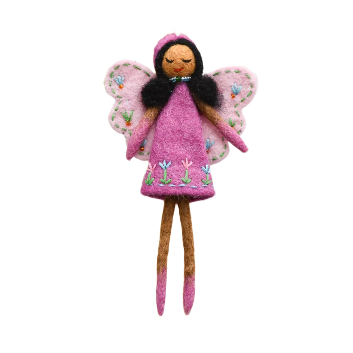 Felted fairy doll with pink wings and dress on a wooden stand against a white background


