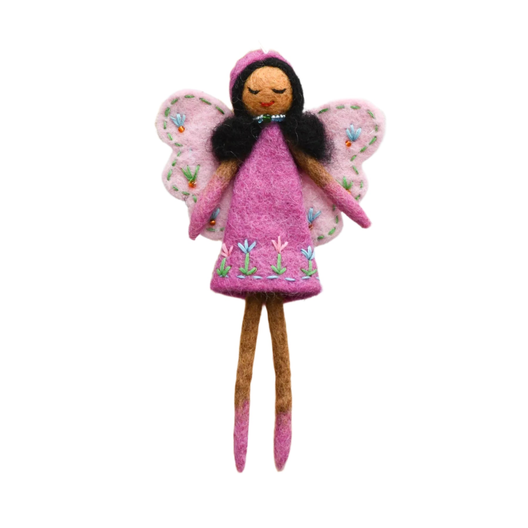 Felted fairy doll with pink wings and dress on a wooden stand against a white background

