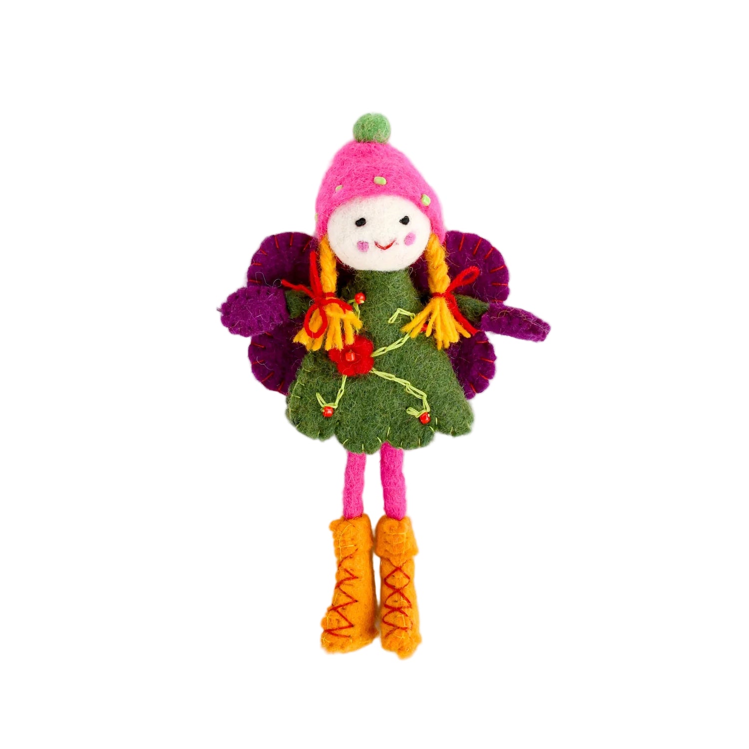 Colorful fairy doll with a pink hat and green dress on a white background