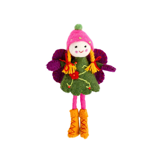 Colorful fairy doll with a pink hat and green dress on a white background