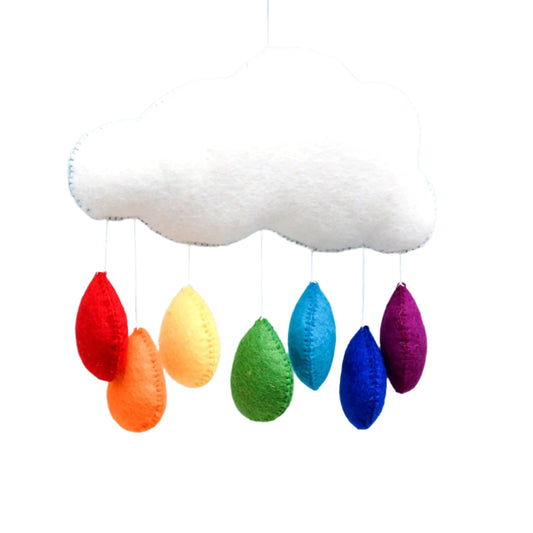 Colorful raindrop mobile hanging from a cloud against a light blue background

