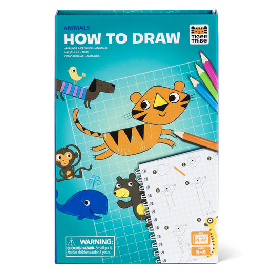 Children's book titled 'How to Draw Animals' by Tiger Tribe with colorful illustrations on a blue background.