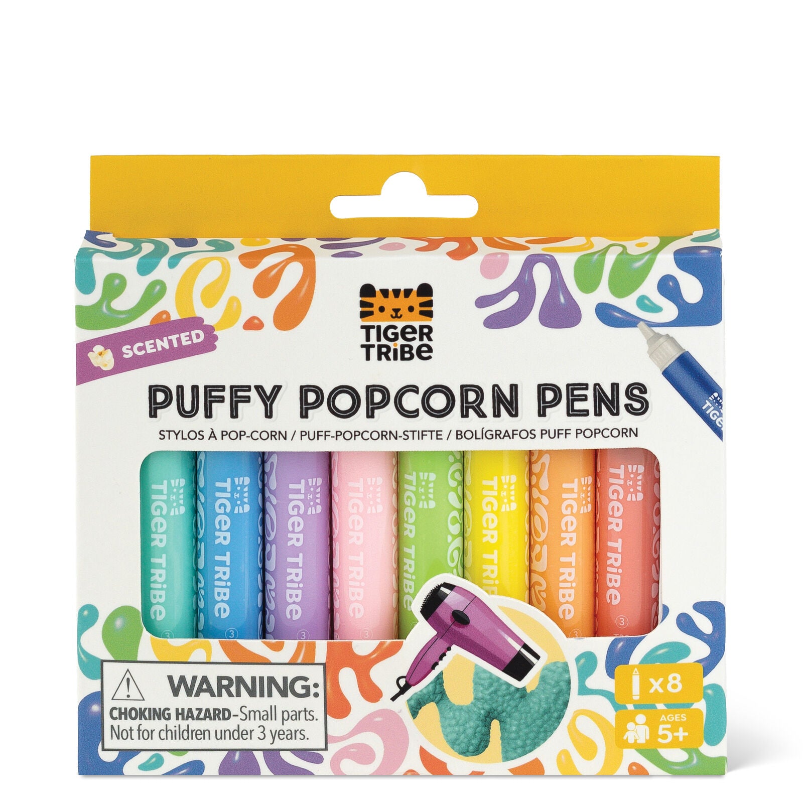 Packaging of Tiger Tribe puffy popcorn pens with colorful design and pen illustrations.