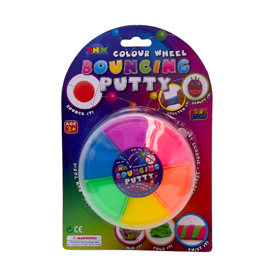 Packaged toy set with colorful bouncing putty and color wheel design on a white background
