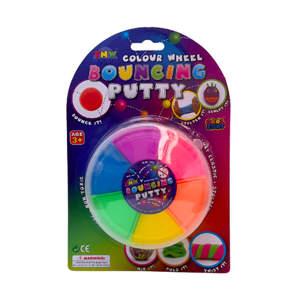 Packaged toy set with colorful bouncing putty and color wheel design on a white background