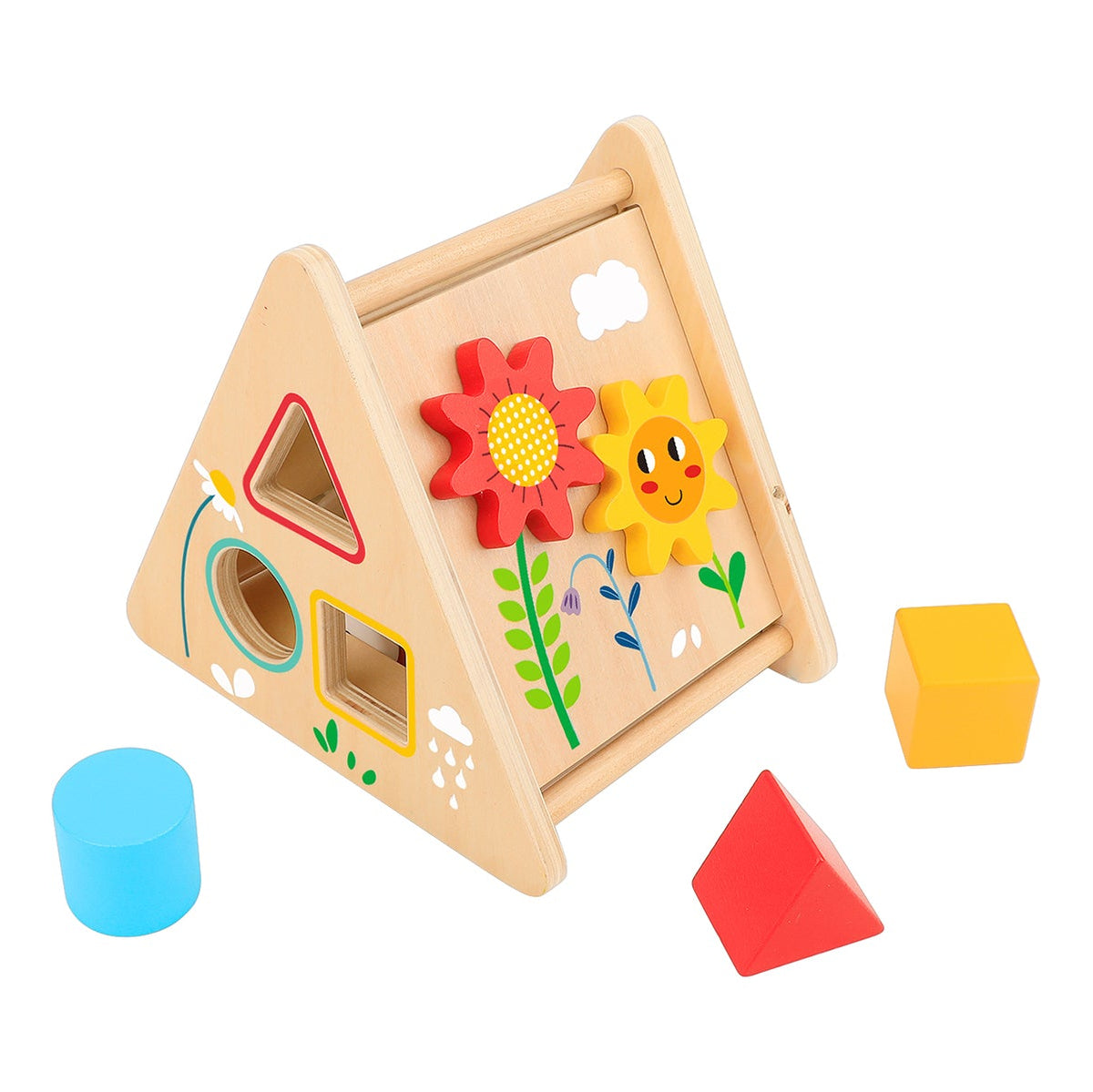 Wooden shape sorter toy with colorful shapes on a white background